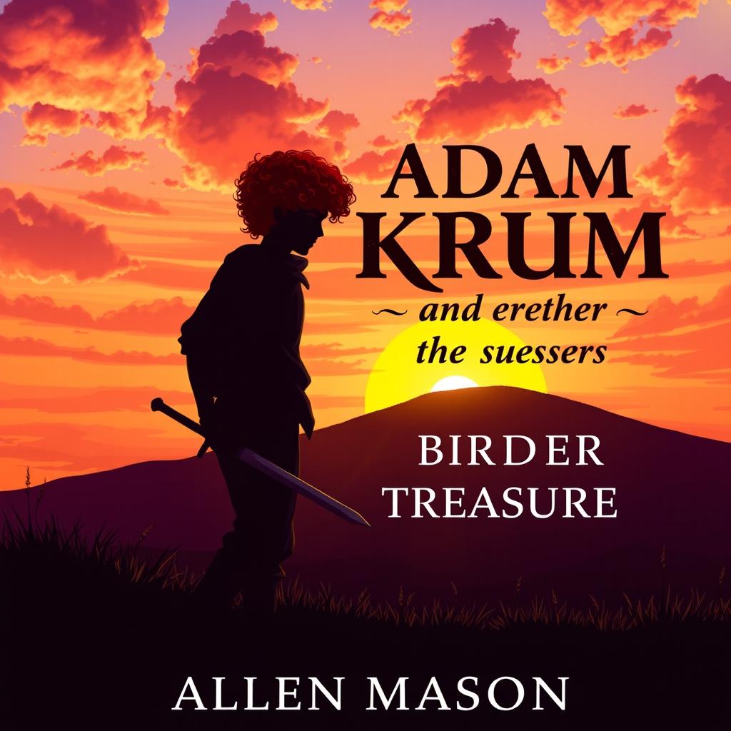 An enchanting image depicting the silhouette of a young man with curly red hair, holding a sword pointed downward, as he walks towards a hill at sunset