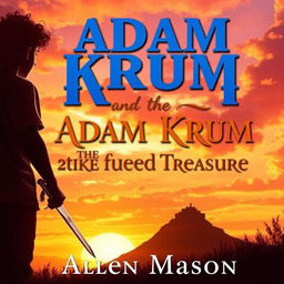 An enchanting image depicting the silhouette of a young man with curly red hair, holding a sword pointed downward, as he walks towards a hill at sunset