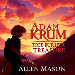 An enchanting image depicting the silhouette of a young man with curly red hair, holding a sword pointed downward, as he walks towards a hill at sunset