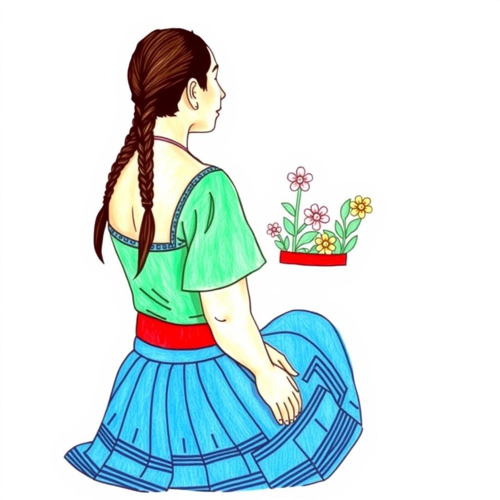 A drawing of an adult woman sitting, gazing into the horizon, viewed from a three-quarter back angle