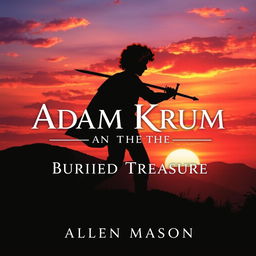 An evocative image showcasing the silhouette of a young man with curly red hair, holding a sword pointed toward the ground, as he makes his way to a hill during a stunning sunset