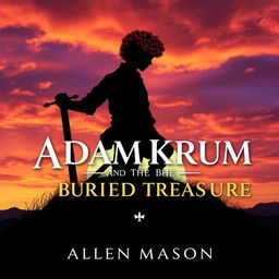 An evocative image showcasing the silhouette of a young man with curly red hair, holding a sword pointed toward the ground, as he makes his way to a hill during a stunning sunset