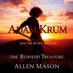 An evocative image showcasing the silhouette of a young man with curly red hair, holding a sword pointed toward the ground, as he makes his way to a hill during a stunning sunset