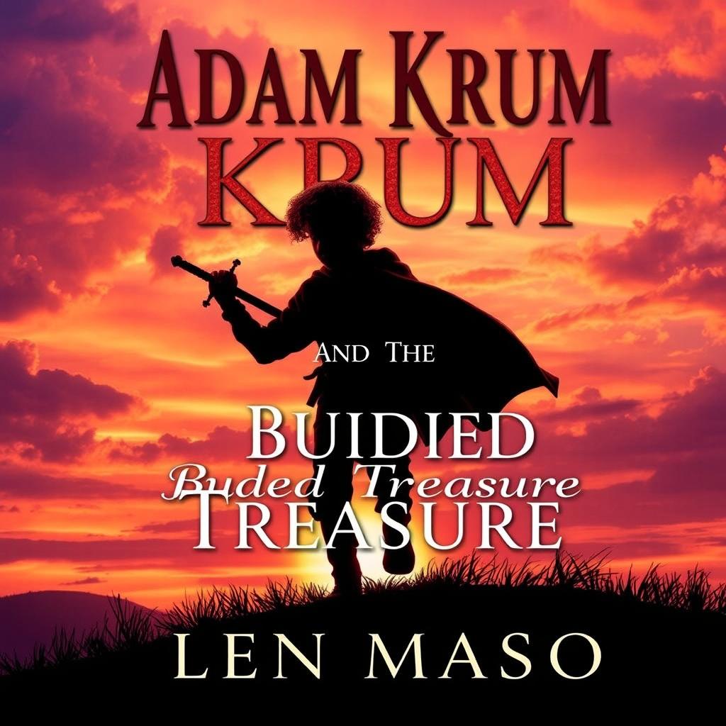 An evocative image showcasing the silhouette of a young man with curly red hair, holding a sword pointed toward the ground, as he makes his way to a hill during a stunning sunset