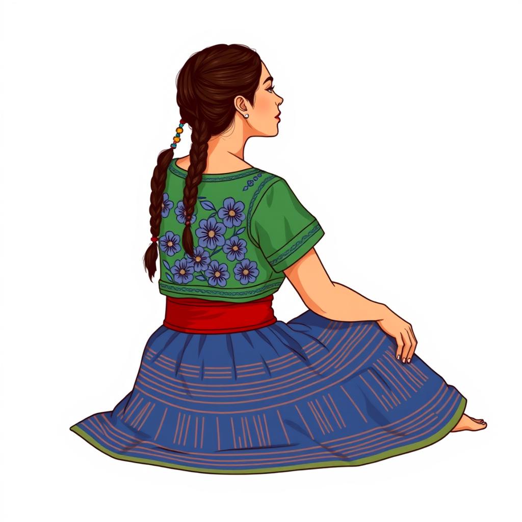 An illustration of an adult woman sitting, gazing into the horizon, viewed from a three-quarter back angle