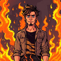 A man standing amidst a fiery catastrophe with a completely poker-faced expression, pixel art style depicting vibrant flames and smoke swirling around him