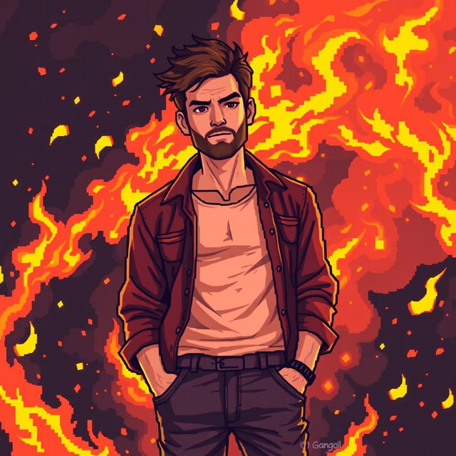 A man standing amidst a fiery catastrophe with a completely poker-faced expression, pixel art style depicting vibrant flames and smoke swirling around him
