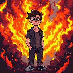 A man standing amidst a fiery catastrophe with a completely poker-faced expression, pixel art style depicting vibrant flames and smoke swirling around him