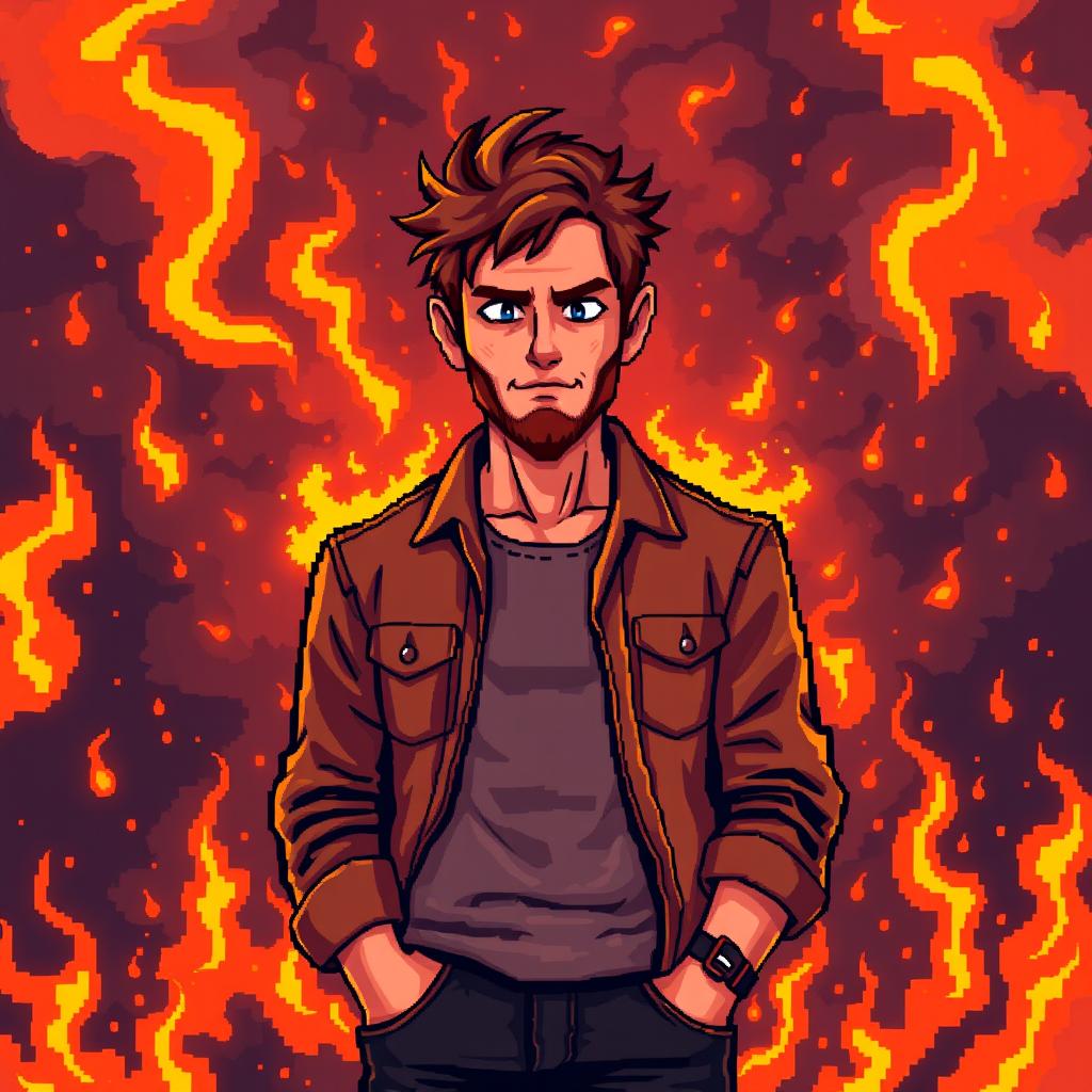 A man standing amidst a fiery catastrophe with a completely poker-faced expression, pixel art style depicting vibrant flames and smoke swirling around him