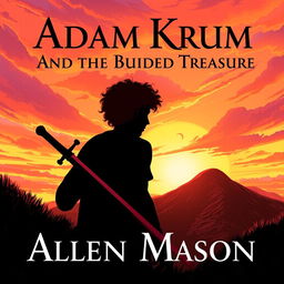 An evocative image illustrating the silhouette of a young man with curly red hair, holding a sword angled down towards the ground, as he makes his way towards a hill during a spectacular sunset