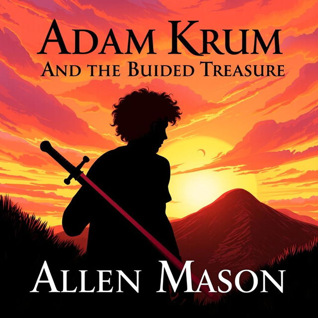 An evocative image illustrating the silhouette of a young man with curly red hair, holding a sword angled down towards the ground, as he makes his way towards a hill during a spectacular sunset