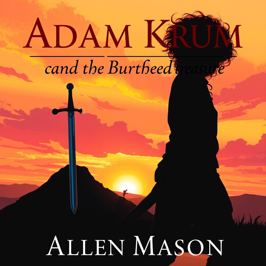 An evocative image illustrating the silhouette of a young man with curly red hair, holding a sword angled down towards the ground, as he makes his way towards a hill during a spectacular sunset