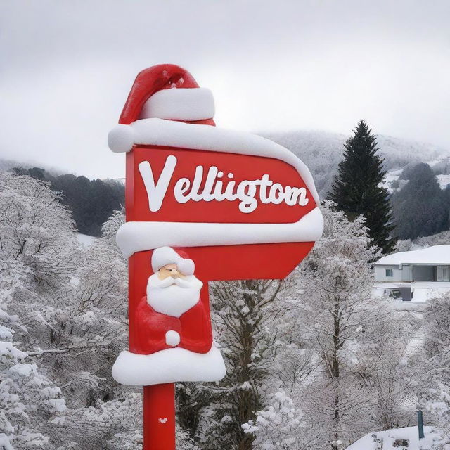 Wellington city sign covered in snow, with a large festive Santa hat on top.