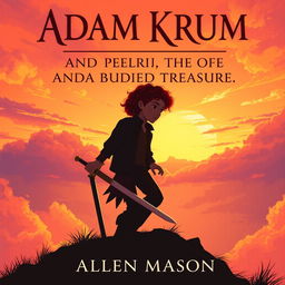 An evocative image illustrating the silhouette of a young man with curly red hair, holding a sword angled down towards the ground, as he makes his way towards a hill during a spectacular sunset