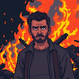 A man standing amidst a destructive fire, exhibiting a completely poker-faced expression, with a pixelated and sad demeanor, emphasizing the contrast between the intense flames and his calmness