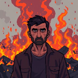 A man standing amidst a destructive fire, exhibiting a completely poker-faced expression, with a pixelated and sad demeanor, emphasizing the contrast between the intense flames and his calmness