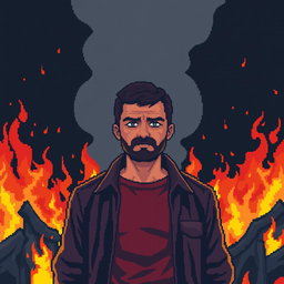 A man standing amidst a destructive fire, exhibiting a completely poker-faced expression, with a pixelated and sad demeanor, emphasizing the contrast between the intense flames and his calmness