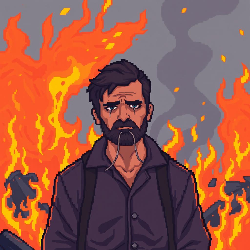 A man standing amidst a destructive fire, exhibiting a completely poker-faced expression, with a pixelated and sad demeanor, emphasizing the contrast between the intense flames and his calmness