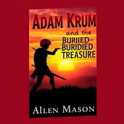 An engaging book cover design showcasing the silhouette of a guy with curly red hair, holding a sword pointed toward the ground as he strides confidently towards a hill during a beautiful sunset