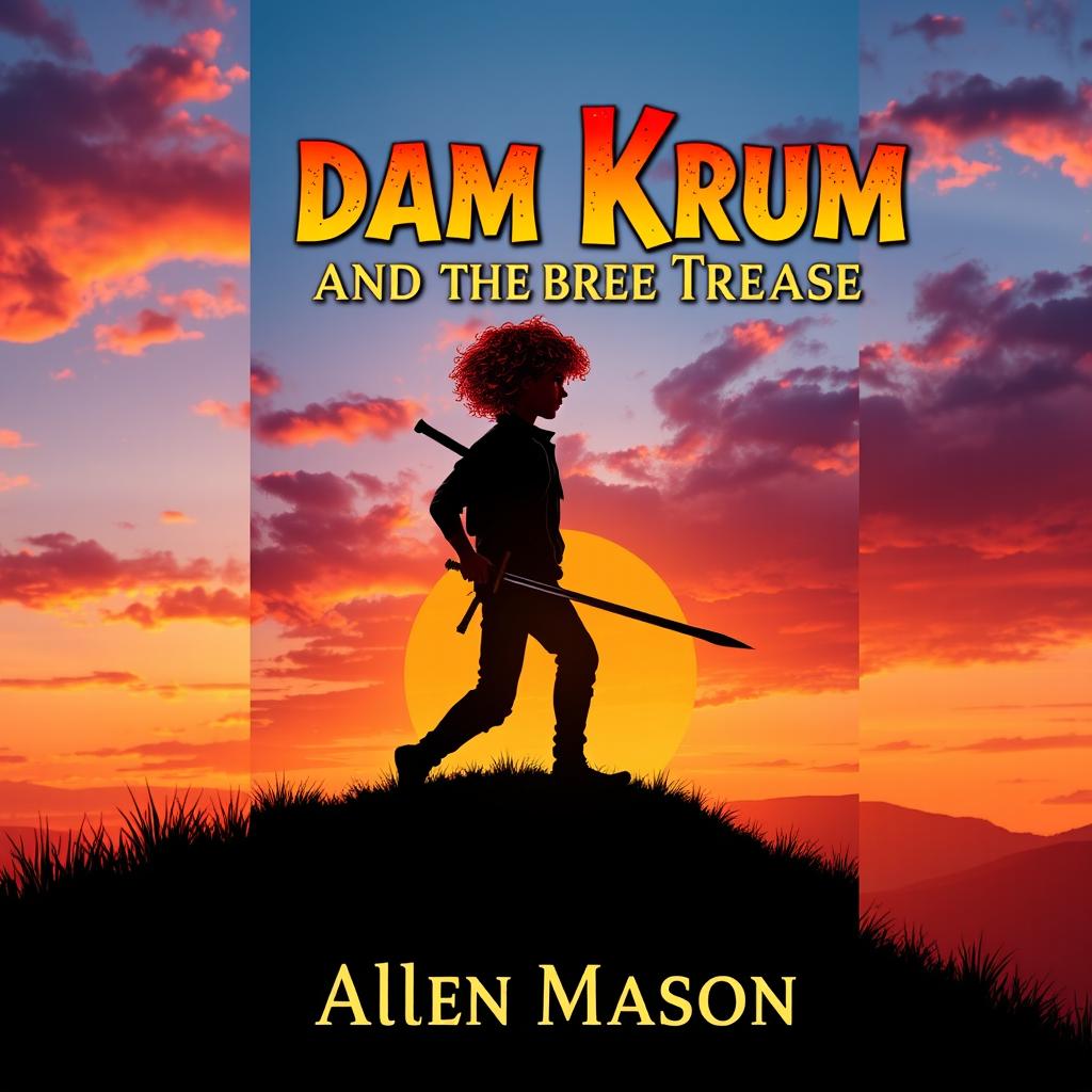 An engaging book cover design showcasing the silhouette of a guy with curly red hair, holding a sword pointed toward the ground as he strides confidently towards a hill during a beautiful sunset
