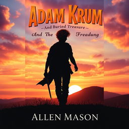 An engaging book cover design showcasing the silhouette of a guy with curly red hair, holding a sword pointed toward the ground as he strides confidently towards a hill during a beautiful sunset