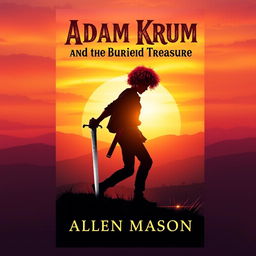 An engaging book cover design showcasing the silhouette of a guy with curly red hair, holding a sword pointed toward the ground as he strides confidently towards a hill during a beautiful sunset