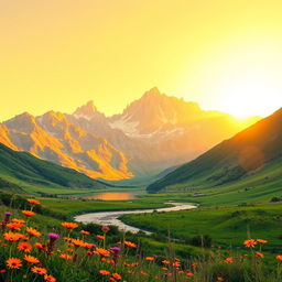 A vibrant landscape featuring a majestic mountain range under a bright yellow sky
