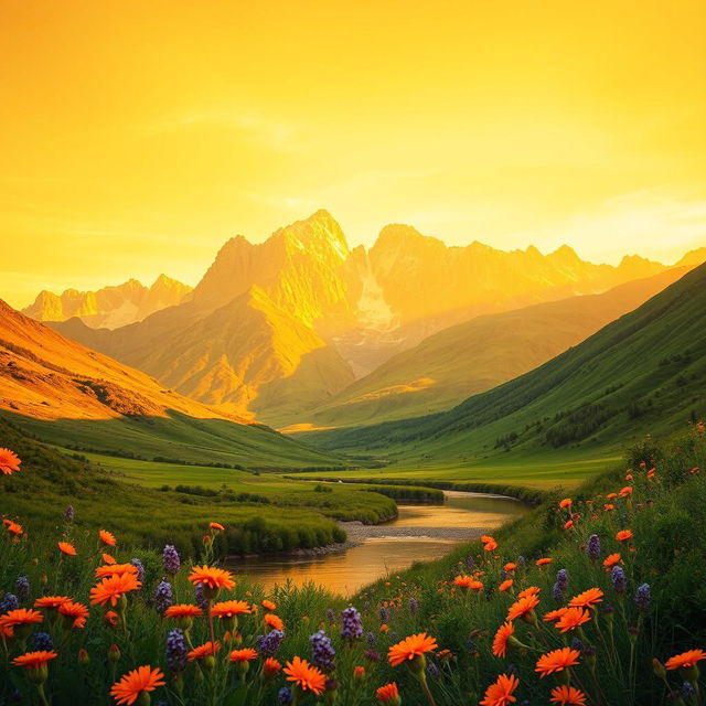 A vibrant landscape featuring a majestic mountain range under a bright yellow sky
