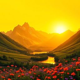 A vibrant landscape featuring a majestic mountain range under a bright yellow sky