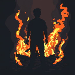 A faceless man depicted in a pixelated style, surrounded by a sad atmosphere of a fire