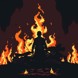 A faceless man depicted in a pixelated style, surrounded by a sad atmosphere of a fire