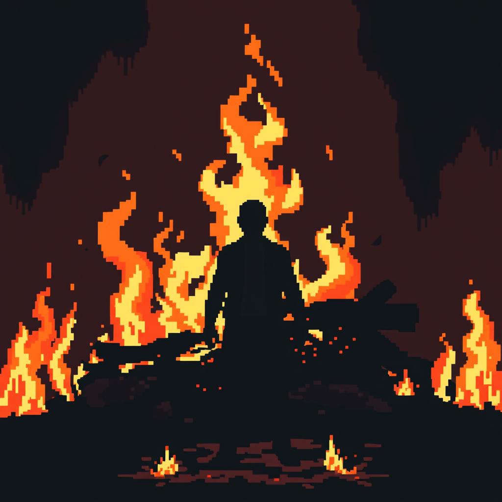 A faceless man depicted in a pixelated style, surrounded by a sad atmosphere of a fire