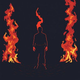 A faceless man depicted in a pixelated style, surrounded by a sad atmosphere of a fire