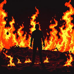 A faceless man depicted in a pixelated style, surrounded by a sad atmosphere of a fire