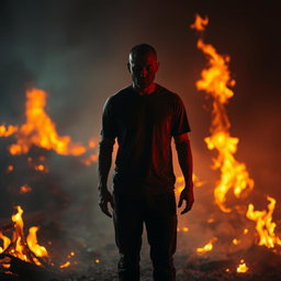 A faceless man with a pixelated appearance standing amidst a sad fire scene, the flames flickering around him, casting a melancholic glow on the surroundings