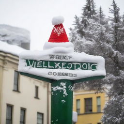 Wellington city sign covered in snow, with a large festive Santa hat on top.