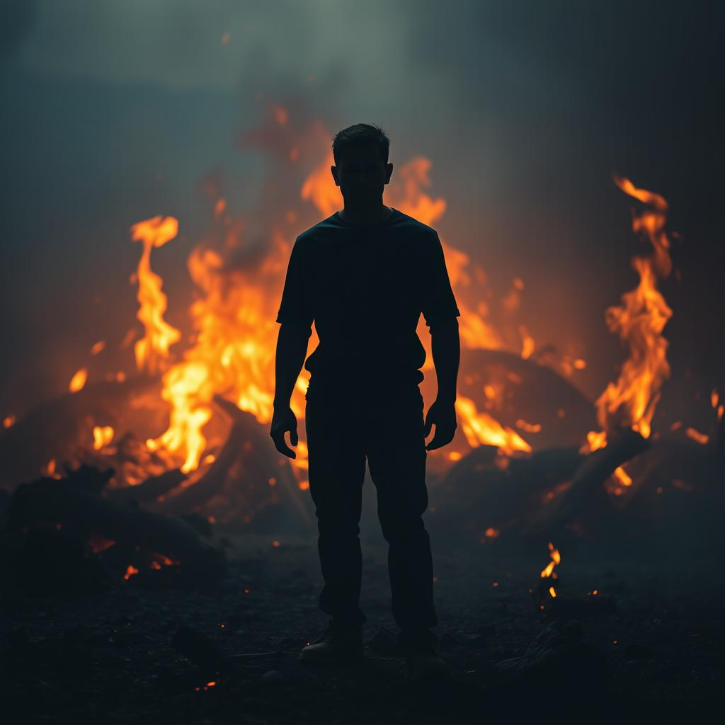 A faceless man with a pixelated appearance standing amidst a sad fire scene, the flames flickering around him, casting a melancholic glow on the surroundings