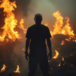 A faceless man with a pixelated appearance standing amidst a sad fire scene, the flames flickering around him, casting a melancholic glow on the surroundings