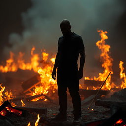 A faceless man with a pixelated appearance standing amidst a sad fire scene, the flames flickering around him, casting a melancholic glow on the surroundings