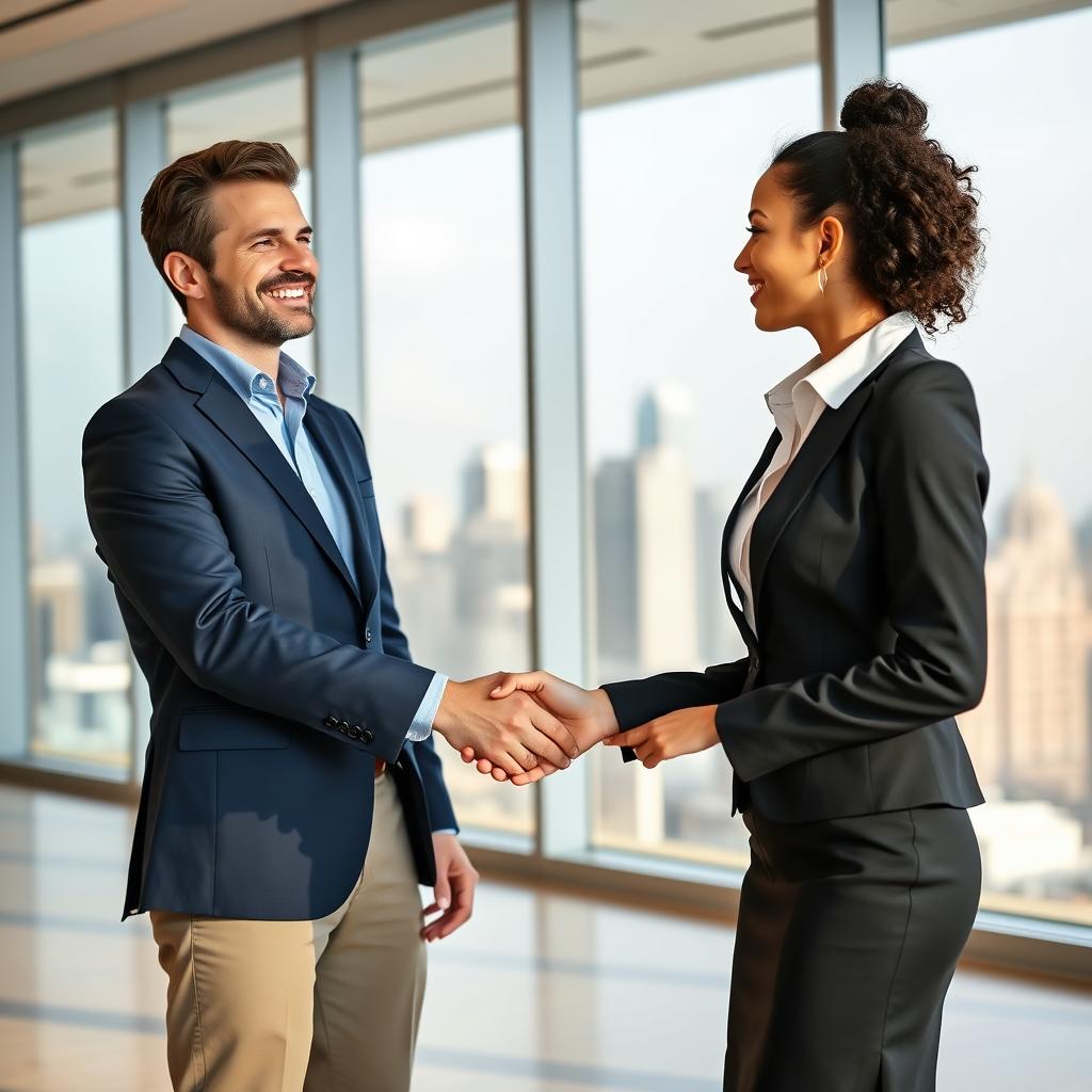 A professional business meeting scene featuring two individuals, one male and one female, shaking hands