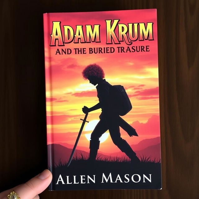 An eye-catching book cover featuring the silhouette of a guy with curly red hair, holding a sword pointed at the ground as he walks purposefully towards a hill at sunset