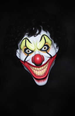A creepy horror-themed image featuring a clown mask with black curly hair, showcasing a very wide and terrifying smile