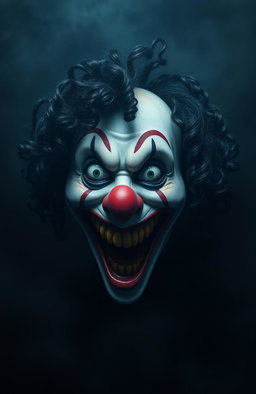 A creepy horror-themed image featuring a clown mask with black curly hair, showcasing a very wide and terrifying smile