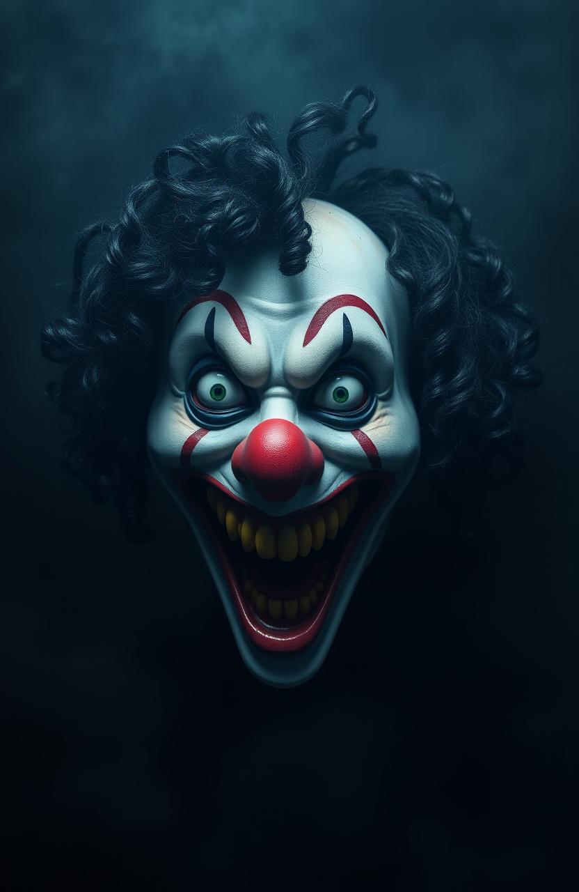 A creepy horror-themed image featuring a clown mask with black curly hair, showcasing a very wide and terrifying smile