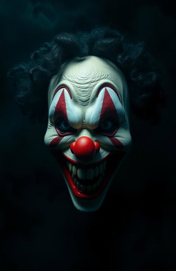A creepy horror-themed image featuring a clown mask with black curly hair, showcasing a very wide and terrifying smile