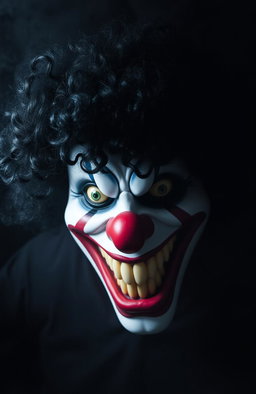 A creepy horror-themed image featuring a clown mask with black curly hair, showcasing a very wide and terrifying smile