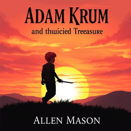 An intriguing book cover illustration that presents the silhouette of a guy with curly red hair, holding a sword pointed at the ground as he walks determinedly towards a hill at sunset