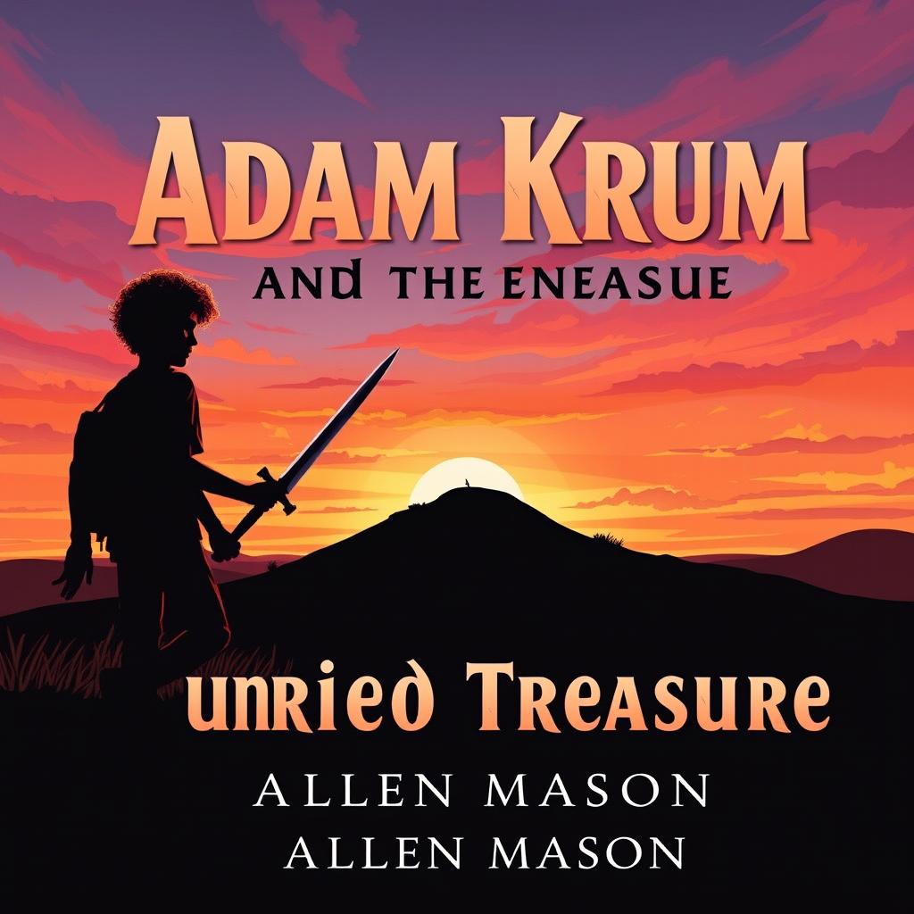 An intriguing book cover illustration that presents the silhouette of a guy with curly red hair, holding a sword pointed at the ground as he walks determinedly towards a hill at sunset