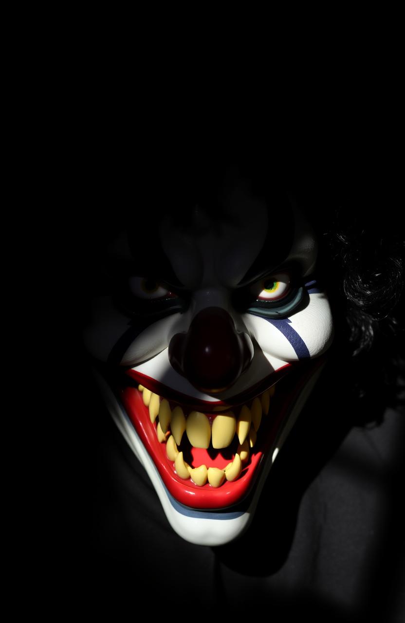 A horror-themed clown mask featuring black curly hair and an exaggeratedly wide, scary smile