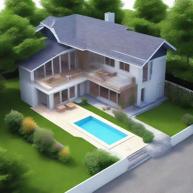 Create an architecturally detailed design of a home that occupies a 30x35 plot, showcasing the exterior from a bird's eye perspective.